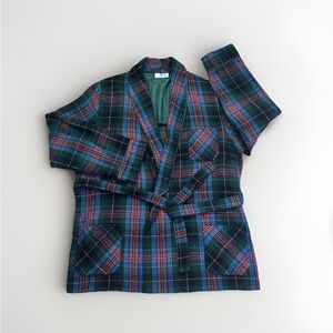 Italian VTG Mens Smoking Jacket Green Plaid House Robe Woll Blend Loungewear
